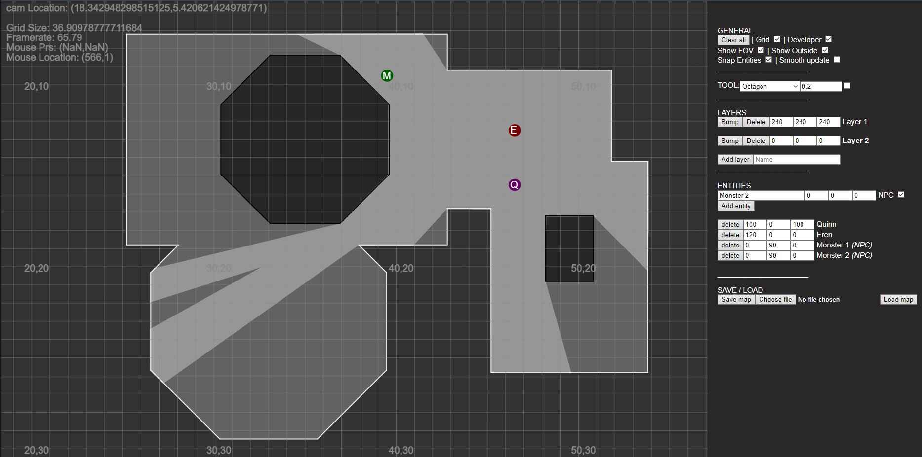 A screenshot of the app with a simple map and a few characters